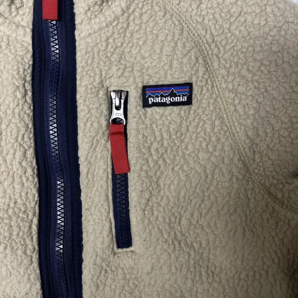Patagonia Fleece Jacket Kids 7-8 Beige Full Zip Logo Pockets Outdoor Winter
